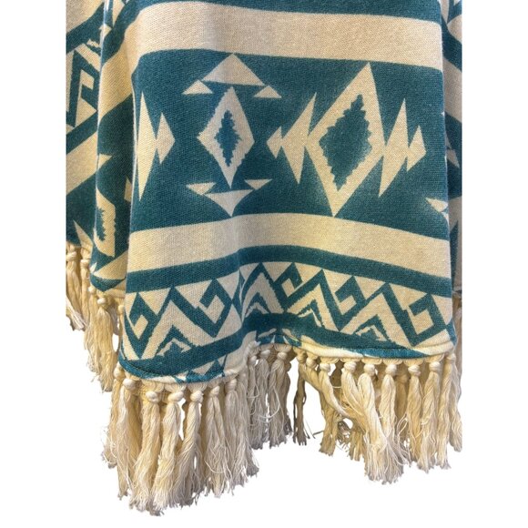 Tasha Polizzi Collection Cream & Teal Aztec Print Poncho Blouse L/XL Tassel Frin - Picture 5 of 6